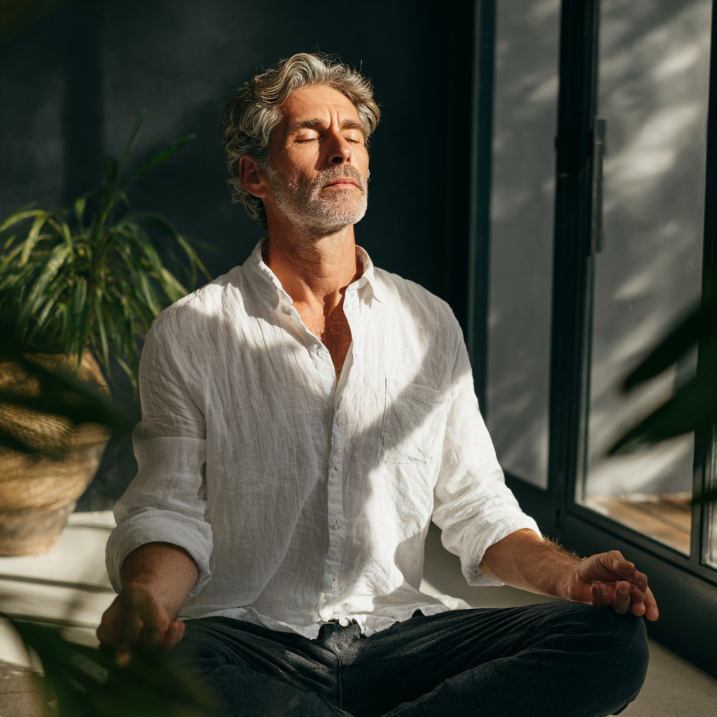 Peaceful mature adult in meditation pose surrounded by natural light